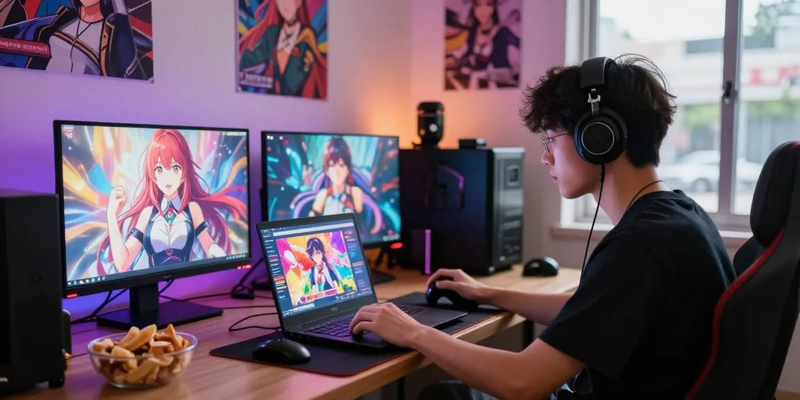 Engaging scene of a young male gaming with a laptop featuring a hentai game interface, cozy room setup, snacks, and LED lighting.