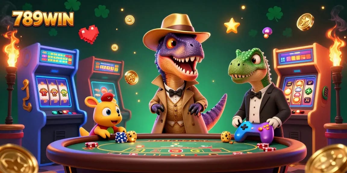 Experience thrilling action at 789WIN with a velociraptor card counter and vibrant casino elements.