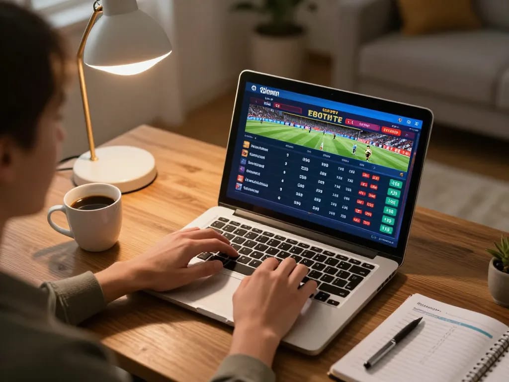 Engaging in sports betting on Ko66 platform, showcasing live odds and strategies at home