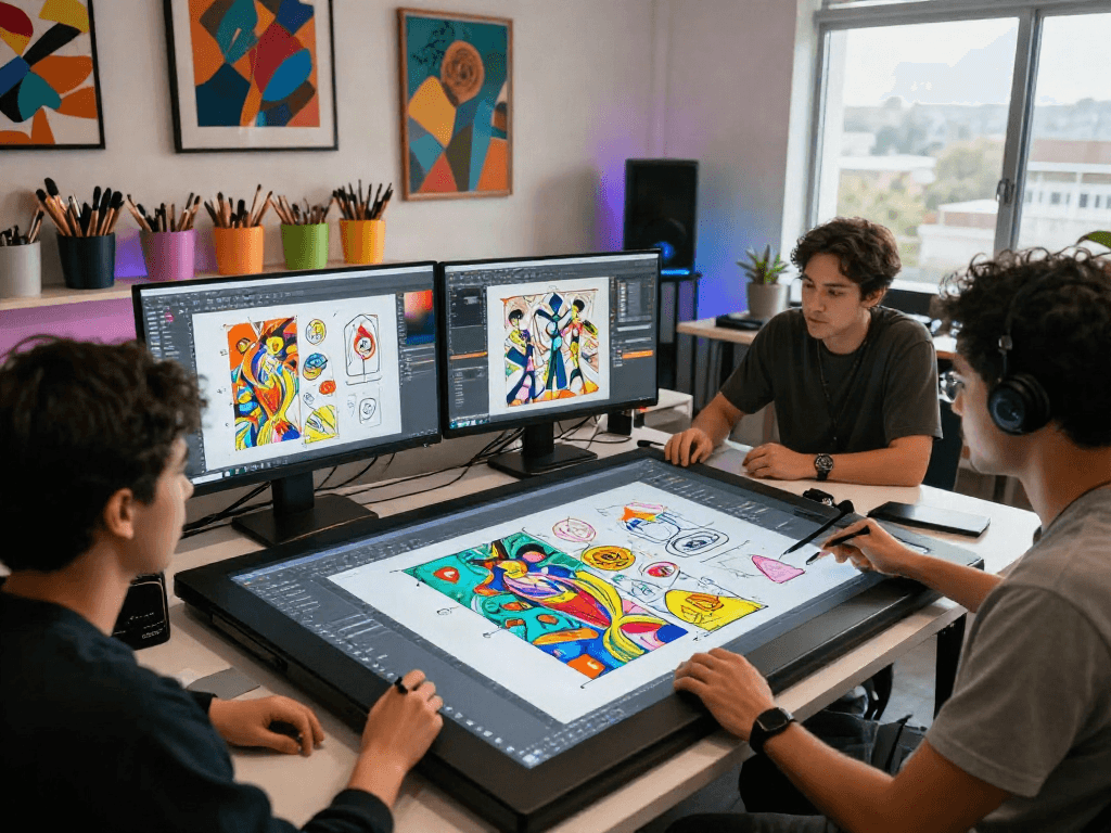 Vibrant collaborative workspace with nsfw art concepts and creative tools