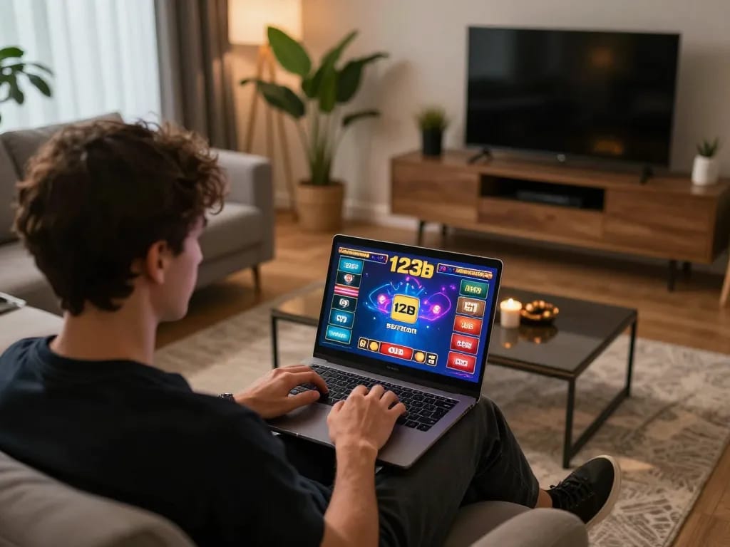 Engaged player enjoying 123b casino experience on laptop in a cozy living room.