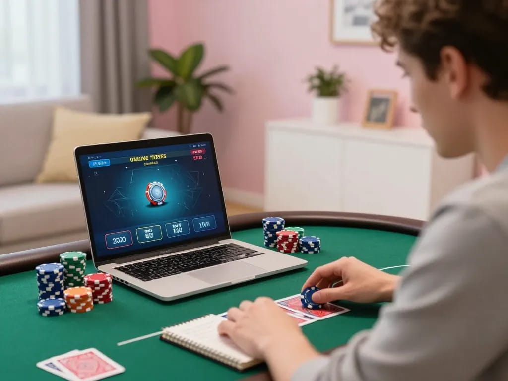 Player engaging in online poker at home, showcasing open88 platform's strategy-driven gameplay.