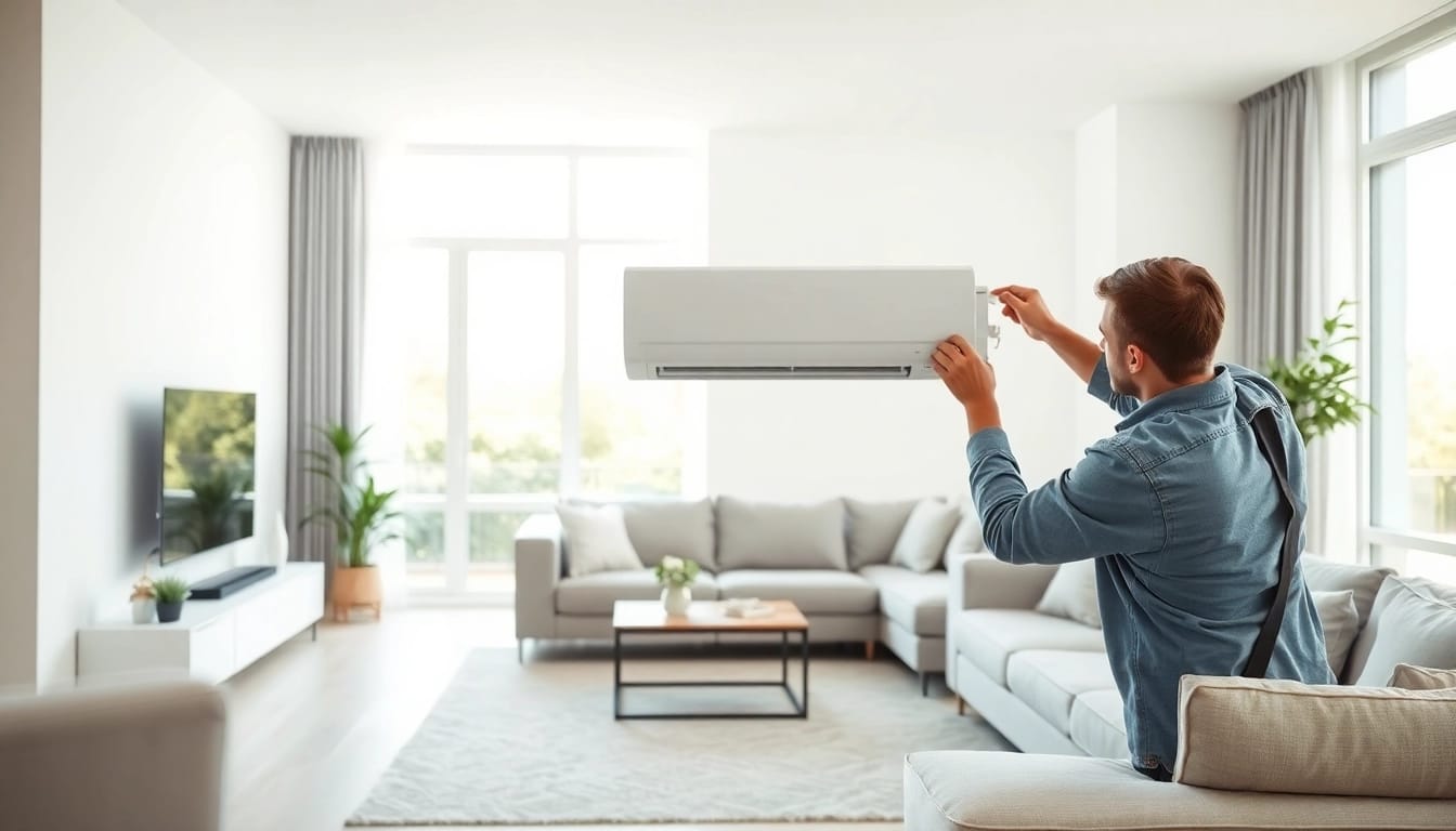 Technician installing a mini split ac unit in a bright modern living room.