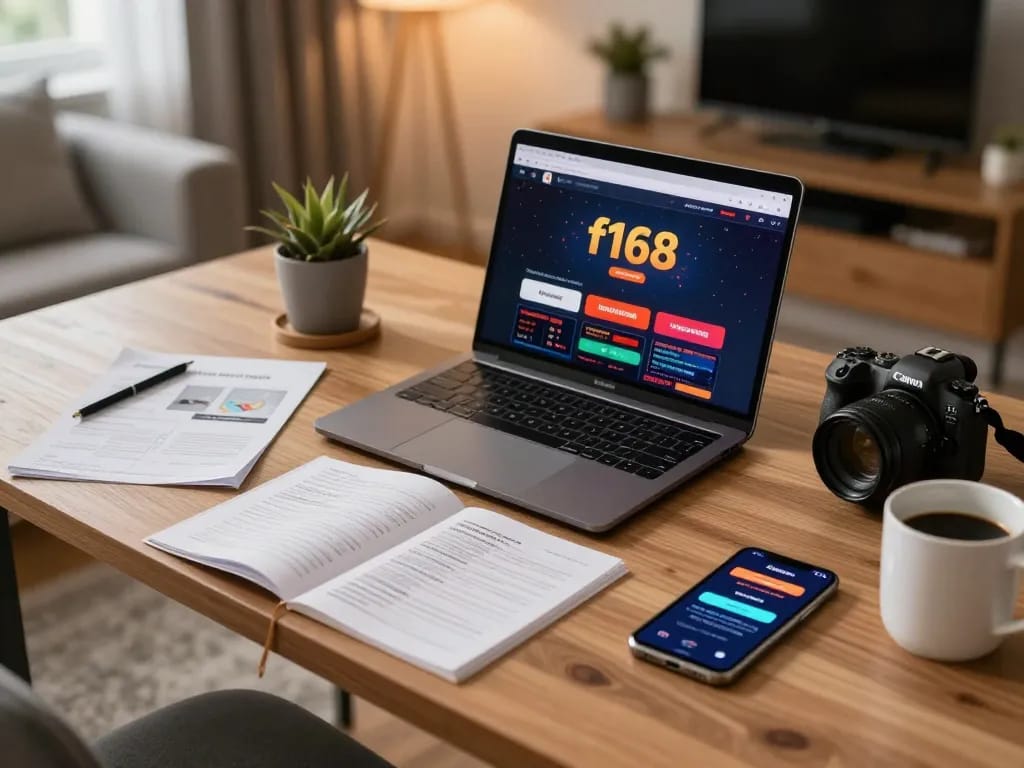 Play games on f168 online casino with a cozy home setup highlighting strategy notes and gaming accessories.