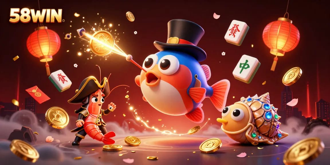 Engage with 58WIN's vibrant casino scene showcasing a cartoon anglerfish, shrimp, and sea snail amid treasures.