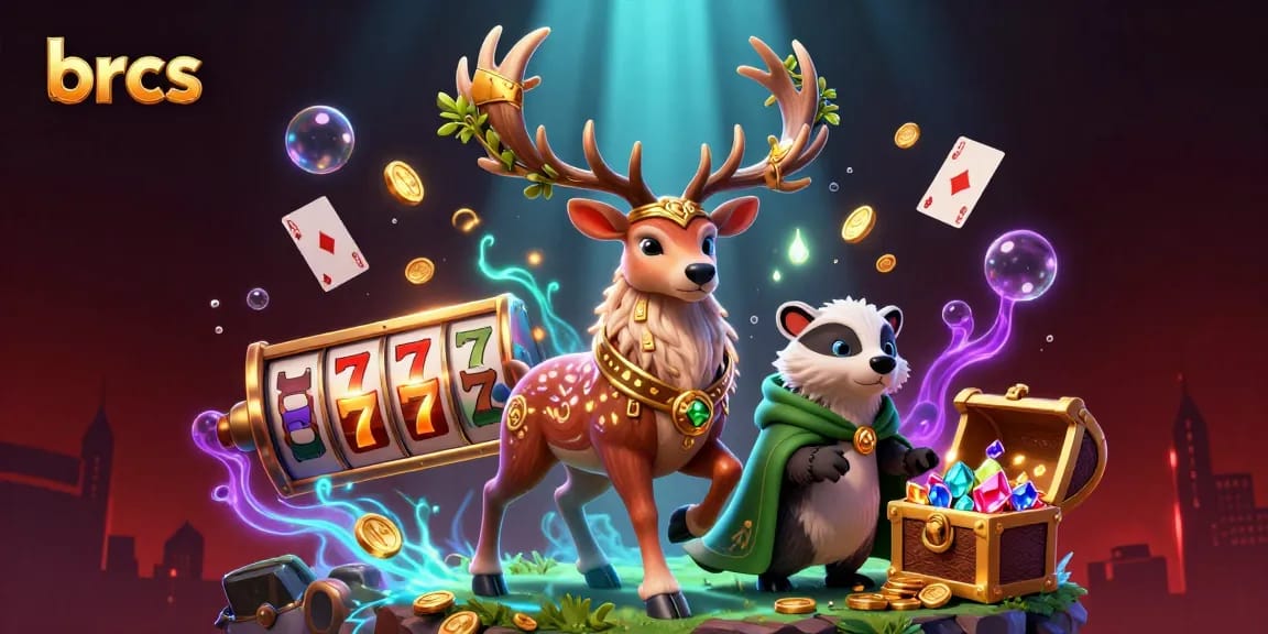Spin and win at brcs in a vibrant 3D scene with characters, slots, and treasure!