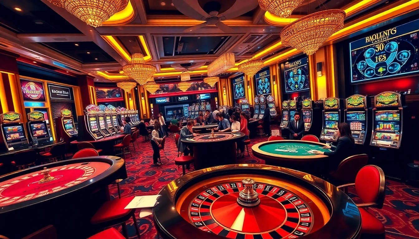 Engaging casino scene representing the thrilling atmosphere of kk55.com with vibrant tables and players.