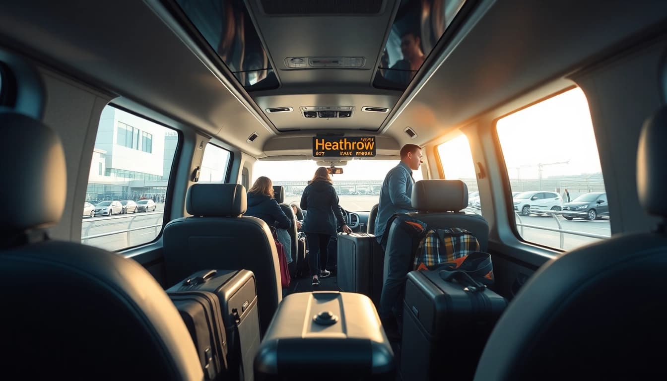 Passengers loading luggage into a vehicle at Heathrow airport terminal, showcasing efficient travel.