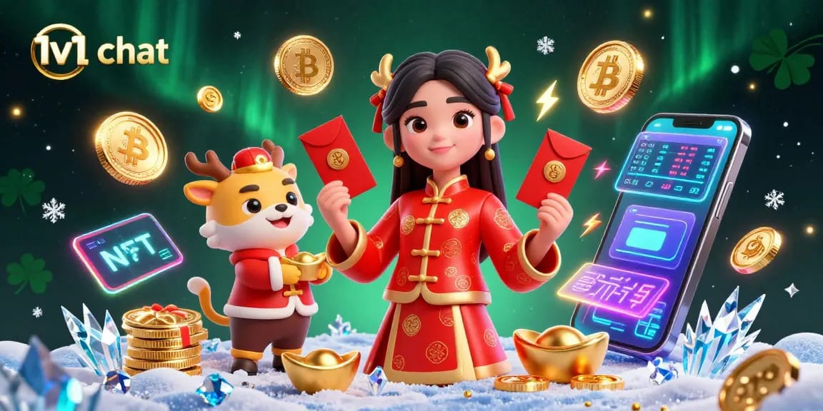 Engage in 1v1 chat with vibrant characters amidst glowing cryptocurrencies and festive decorations.
