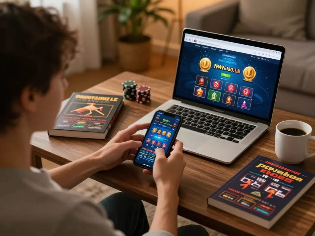 Engaging in online gambling at https://play-hbet.com/ with smartphone and gambling books.