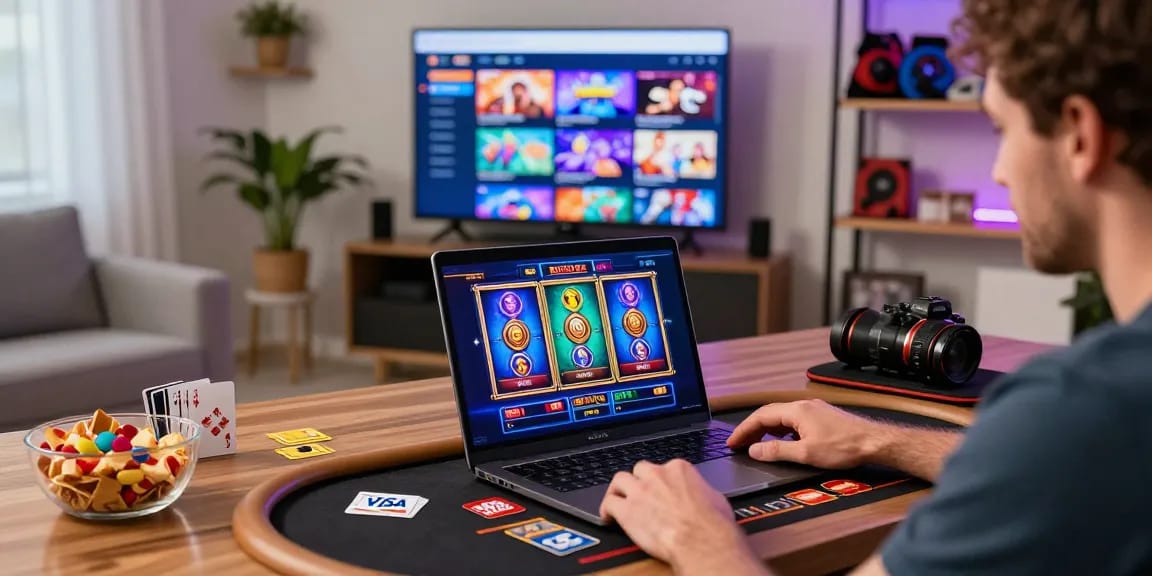 Player enjoying credit card casinos experience with vibrant graphics and cards in a cozy setting