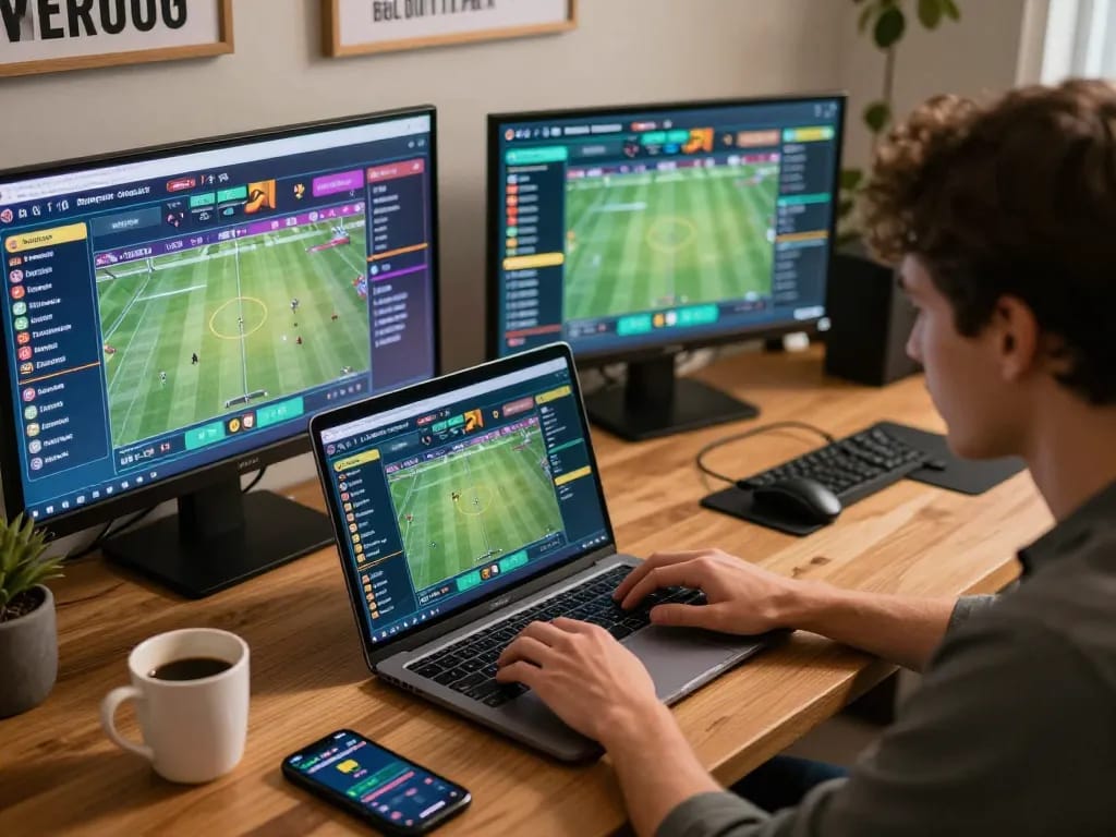 Engaging in đăng ký mm88 for online sports betting with live stats displayed on multiple screens.