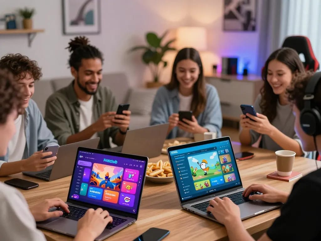 Dynamic gaming experience with players enjoying the tải hitclub app on various devices in a lively lounge.