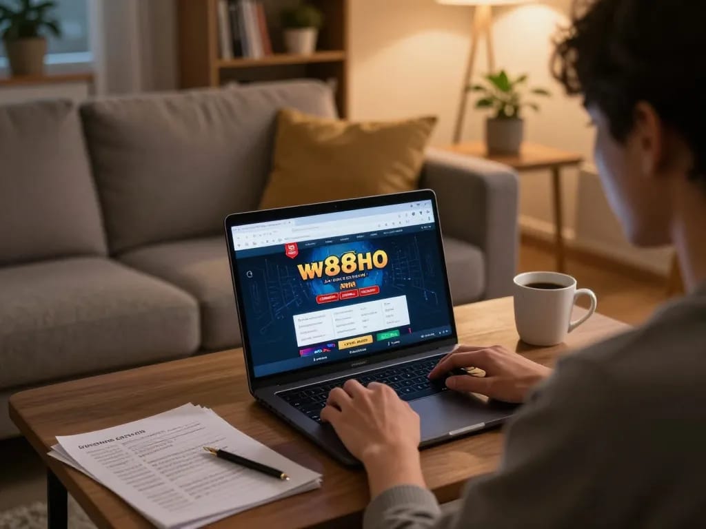 Engaged player using link w88 on their laptop for online gambling at home, surrounded by cozy atmosphere and strategy notes.