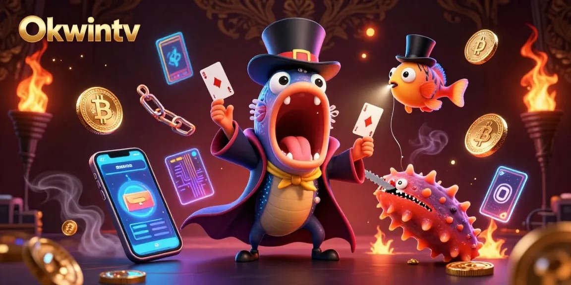 Okwintv showcases a vibrant illustration of a deep-sea gulper eel performing tricks, merging entertainment and cryptocurrency.