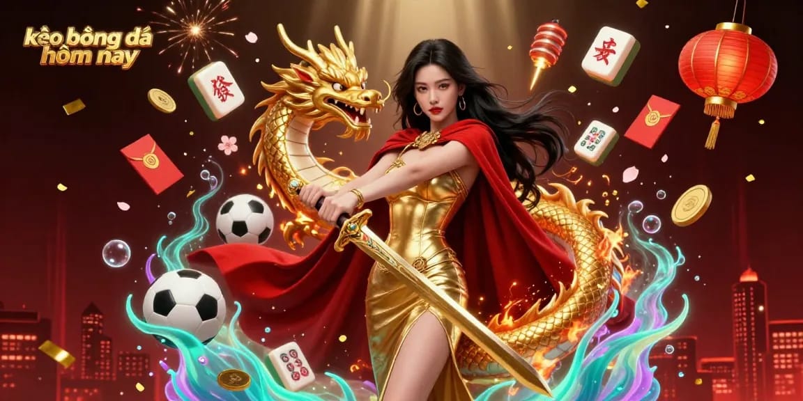 Engage with kèo bóng đá hôm nay through a captivating 3D illustration of a warrior queen amidst vibrant sports betting elements.