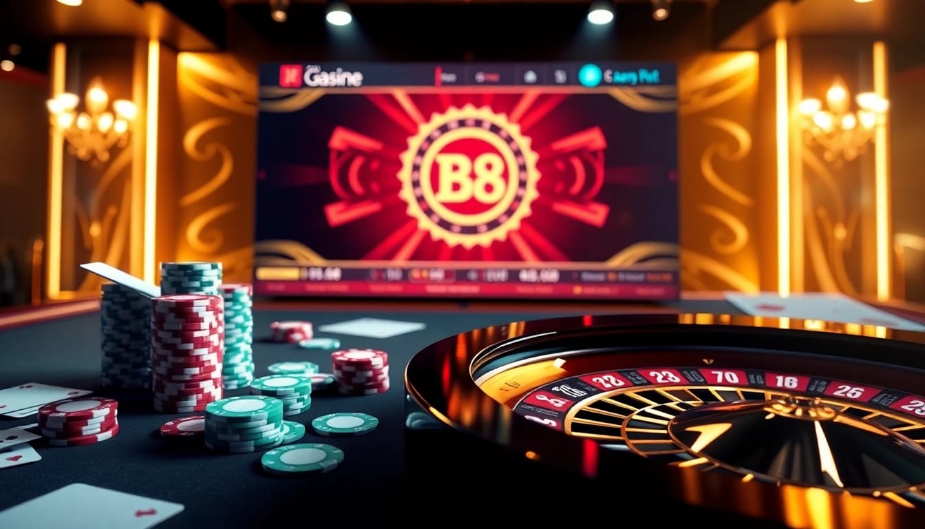 Exciting online gaming scene featuring loto188.gb.net logo with poker chips and roulette wheel.