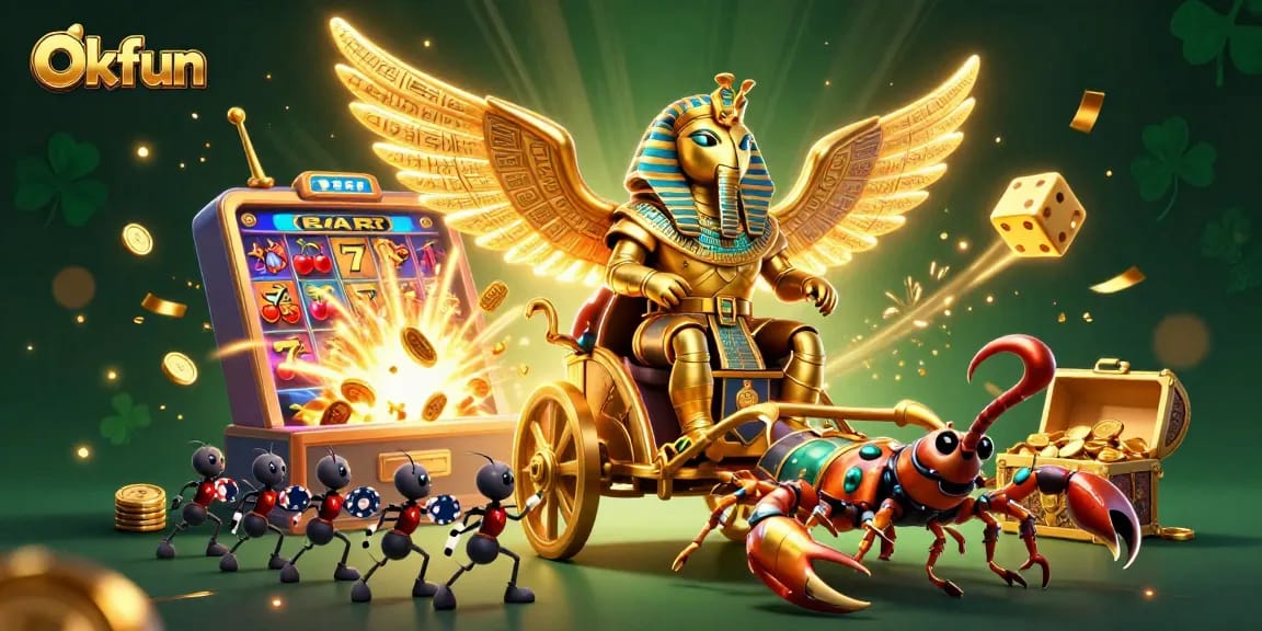 Engage with Okfun's thrilling casino fun, featuring a dynamic 3D scene of a golden scarab and scorpions.