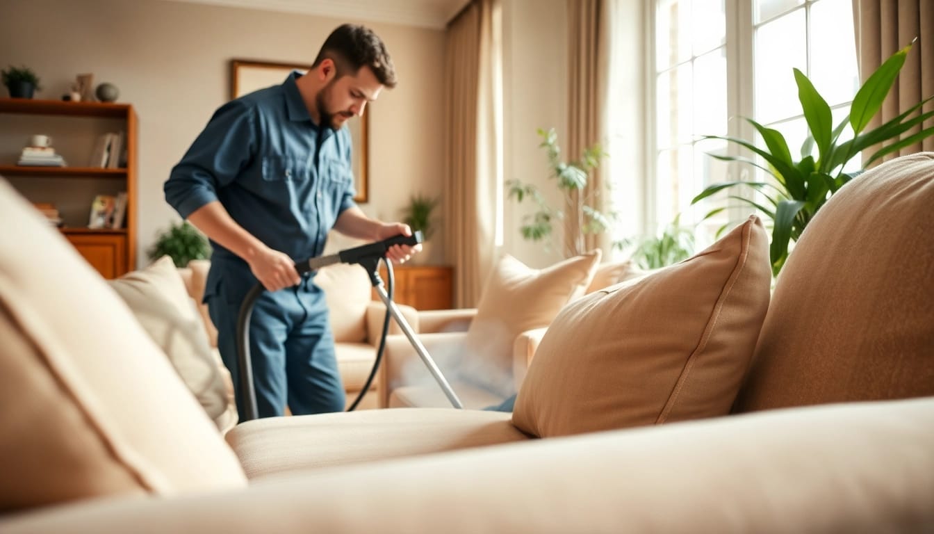 Upholstery cleaning in Glasgow showcasing a technician transforming furniture with expert care.