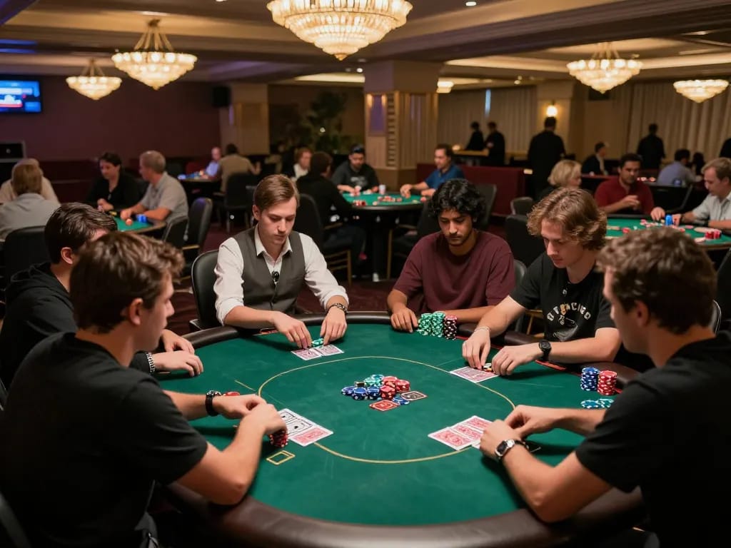 Go88 players engage in an exciting poker game amidst vibrant casino ambiance, showcasing high-stakes action