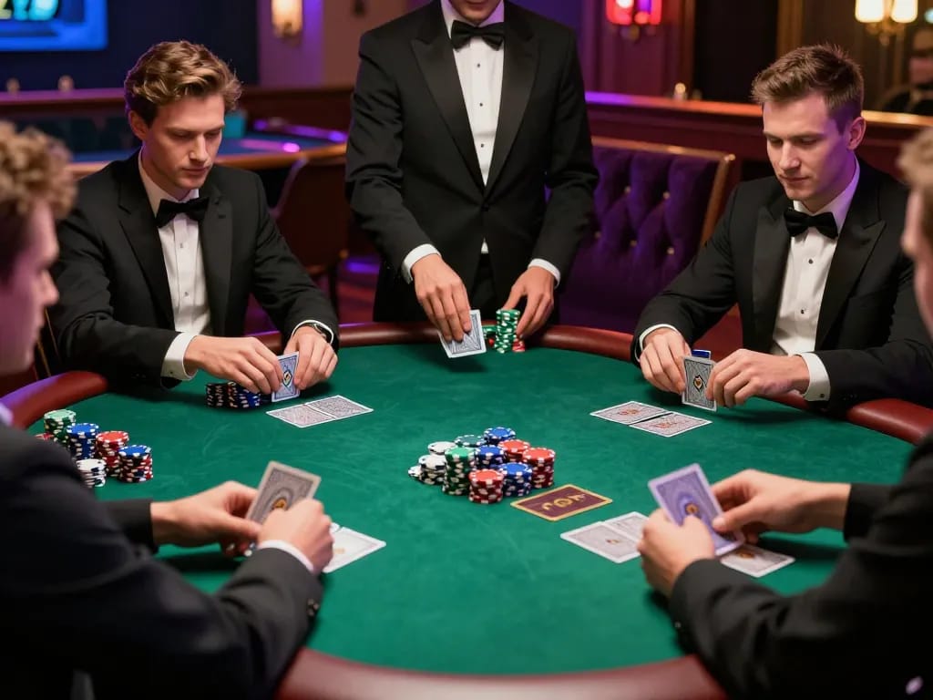 Experience poker excitement with 79win as players strategize during a high-stakes game in a luxury casino setting.