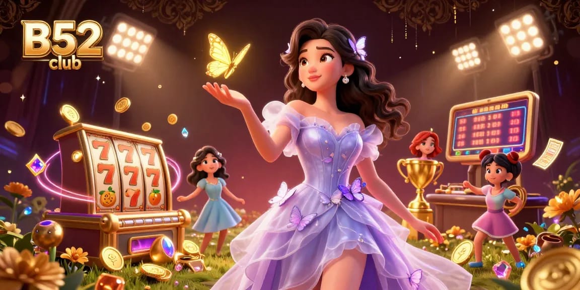 B52 club presents an engaging scene of vibrant slot reels, golden coins, and a charismatic woman, embodying excitement in online gaming.