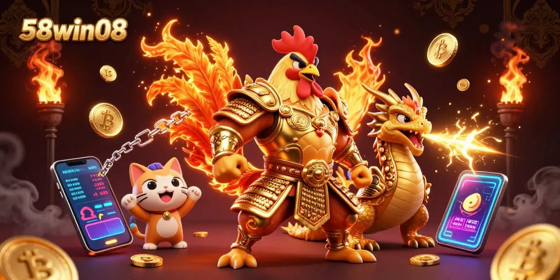 Engage with thrilling gameplay at 58win08, featuring a fierce rooster warrior and dragon in a vibrant casino scene.