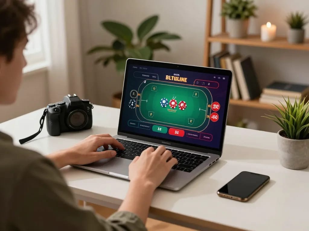Playing poker online at home using 789WIN's engaging interface, showcasing strategy and gameplay.