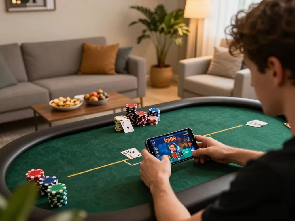 Player engaged in kp88 casino mobile poker game, cozy living room setting with warm lighting and snacks.