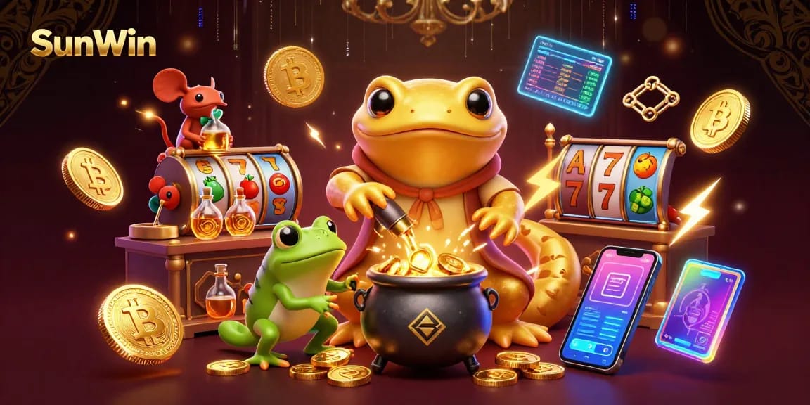 Spin to win at SunWin with vibrant slots and golden alchemy in a 3D casino scene.