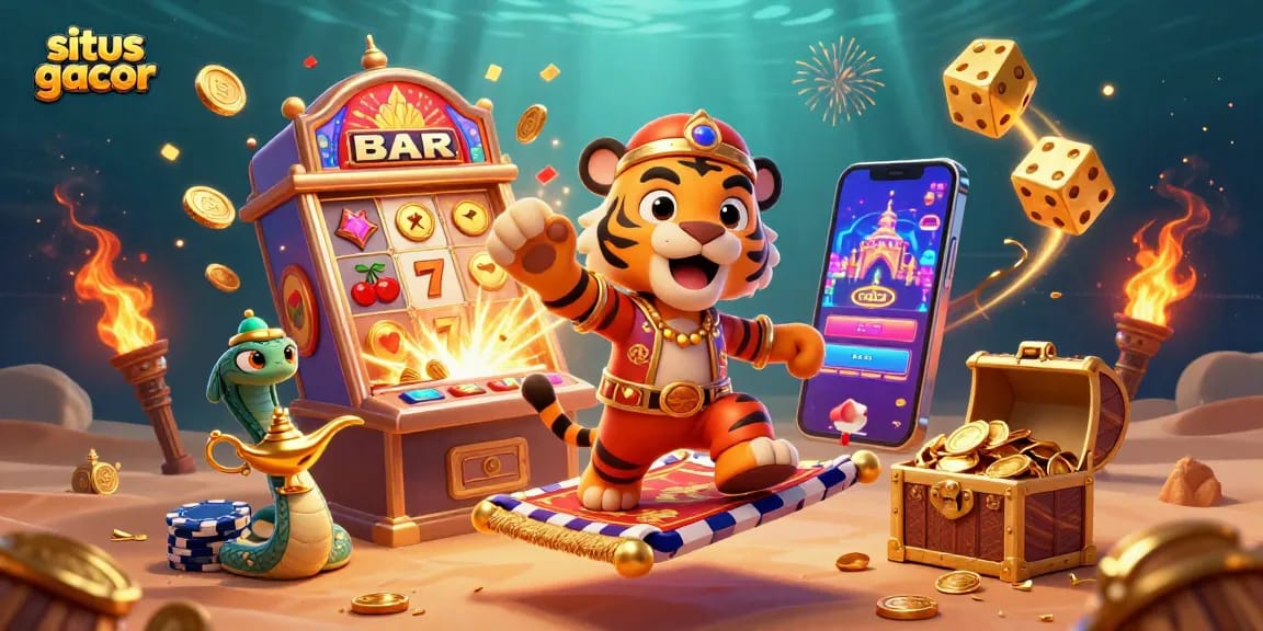 Experience the excitement of situs gacor with a vibrant 3D casino scene showcasing a jackpot explosion and iconic symbols.