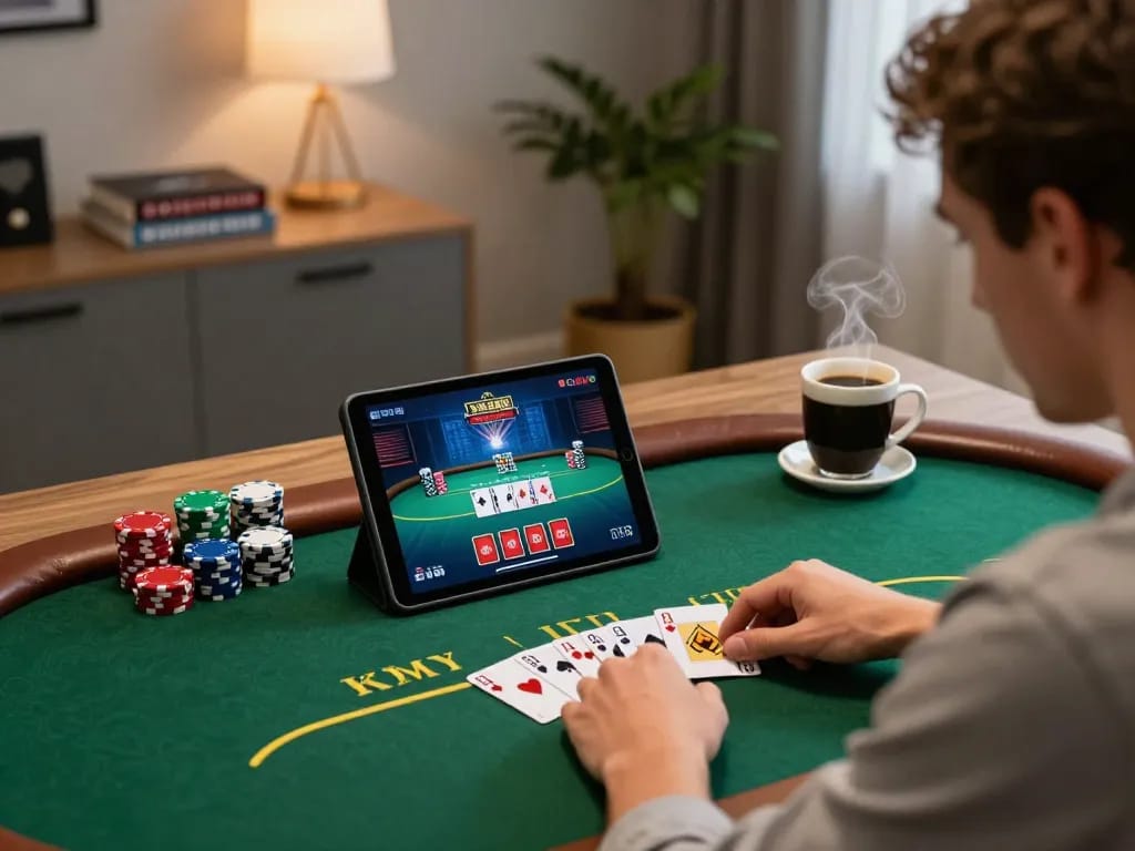 F168 player enjoying a thrilling online poker game in a stylish home office.