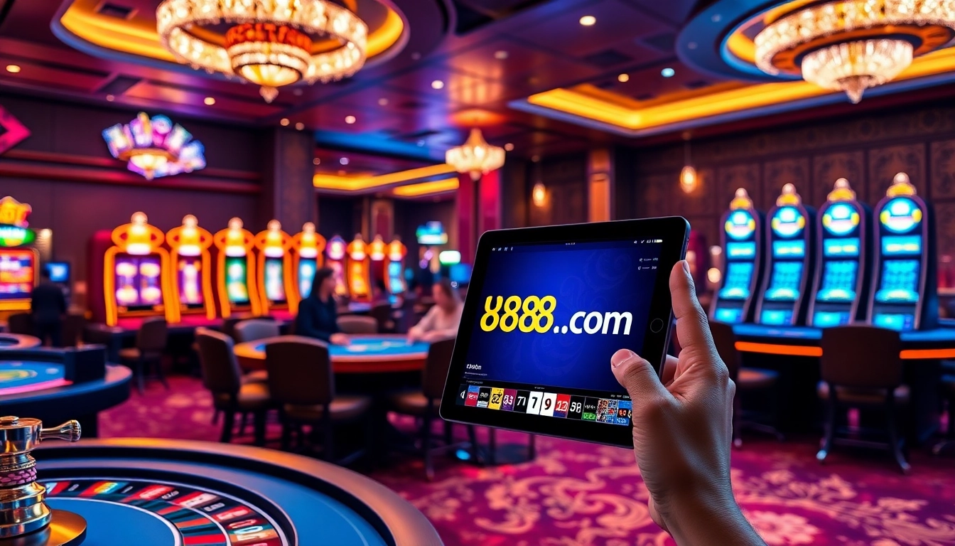 Thrilling casino experience at U888u88.com featuring poker tables and vibrant slot machines.