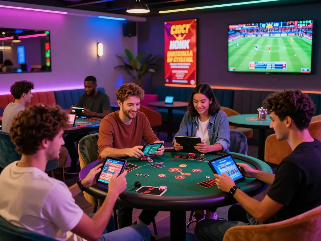 Players enjoying a lively gaming experience at EE88 with tablets, smartphones, and vibrant decor.