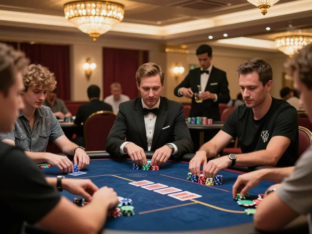 Players engaged in strategic poker gameplay at 789win vom casino table, showcasing excitement and camaraderie.