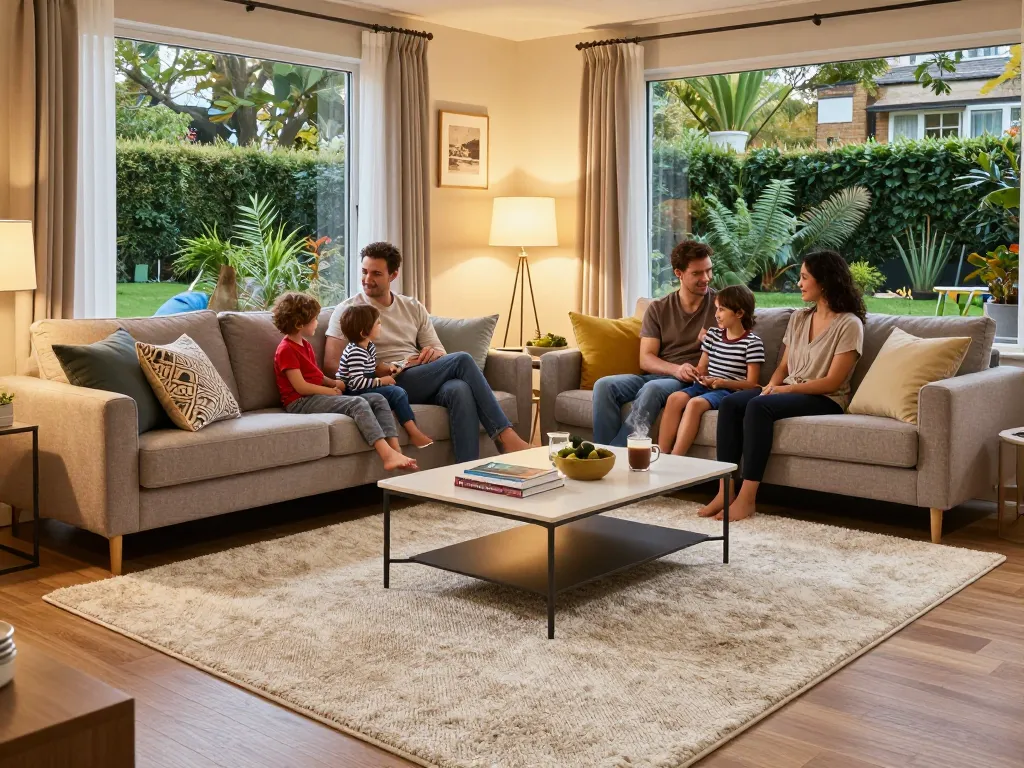 A family enjoys a cozy living room featuring affordable carpets London, creating a warm and inviting atmosphere.