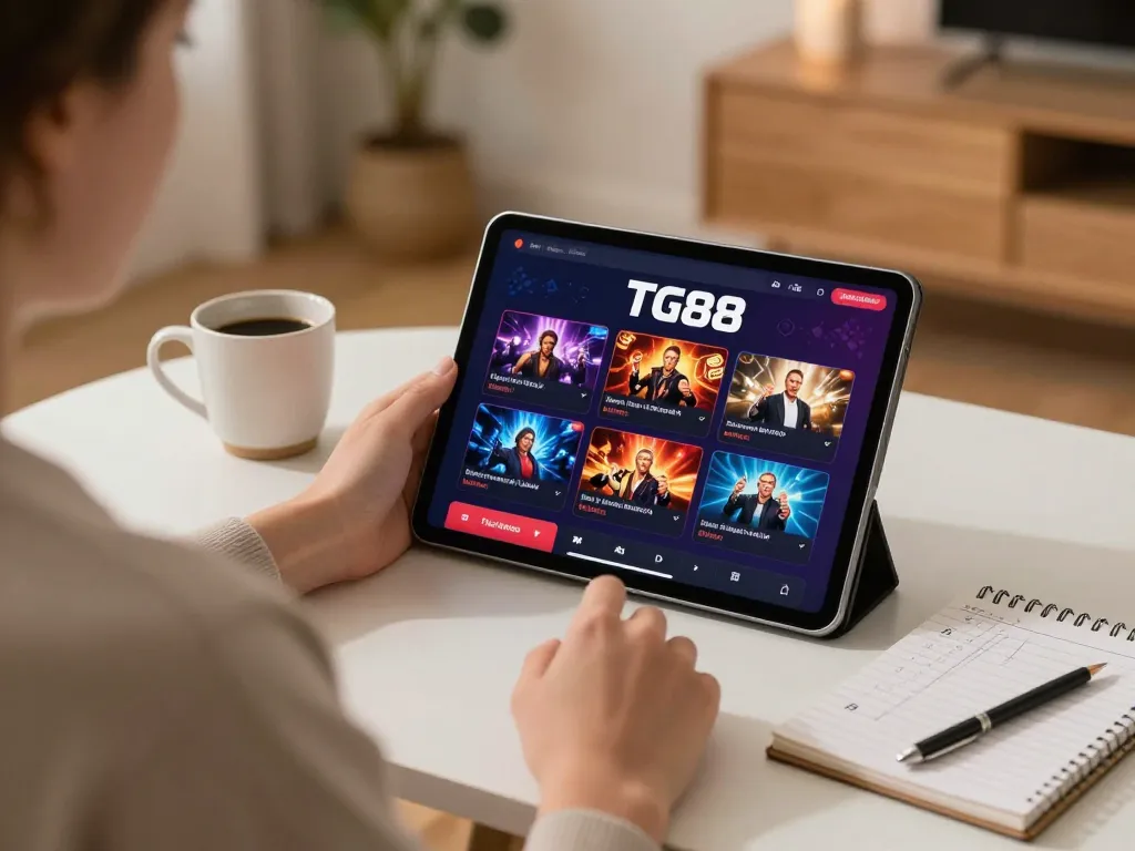 Engaging interaction with the TG88 online casino app on a tablet, showcasing responsible gaming