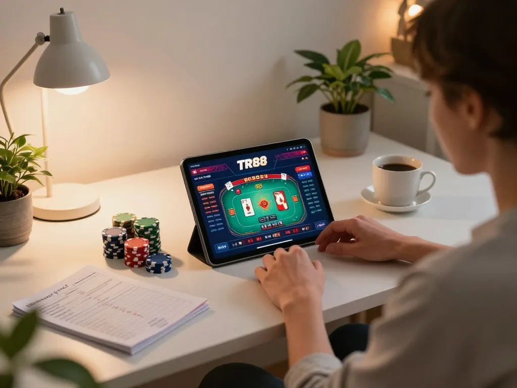 Players enjoying TR88 online poker with chips and strategy notes in stylish home setting