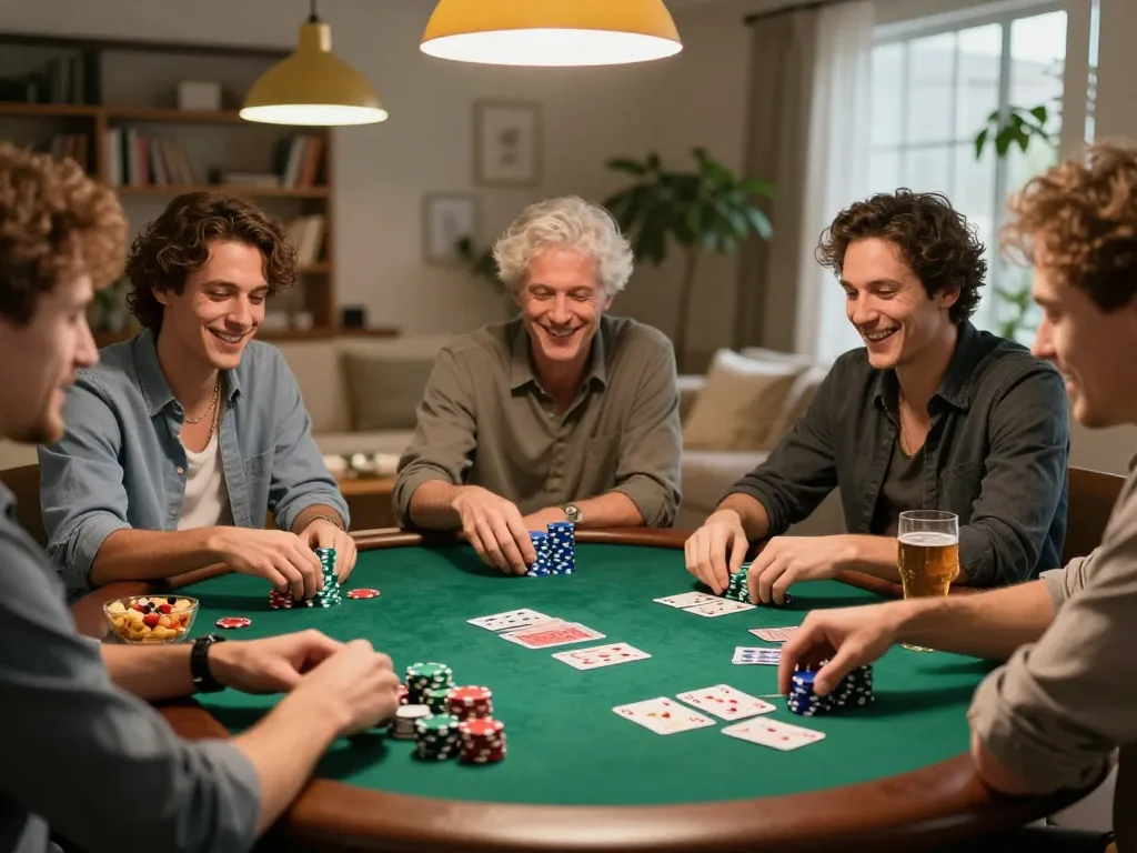Engaged players enjoying a spirited poker night with 1gom in a cozy setting.