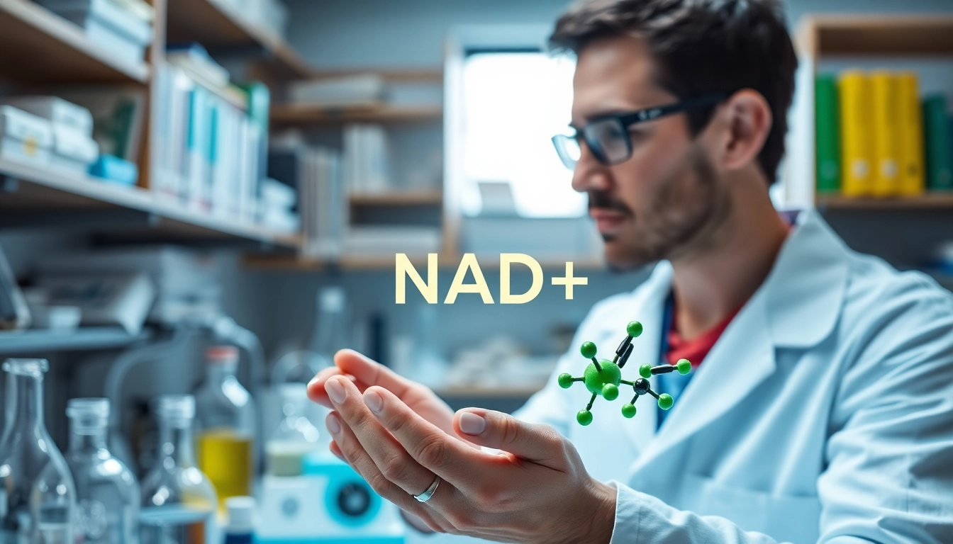 NAD+ research conducted by a scientist in a bright, modern lab environment.