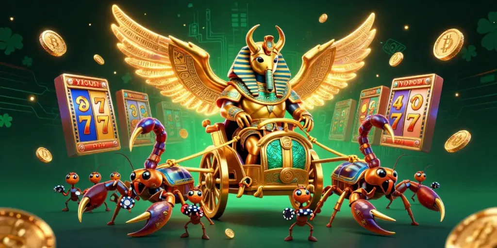 Engage with slot gacor visuals featuring a golden scarab chariot scene enriched with vibrant casino elements.