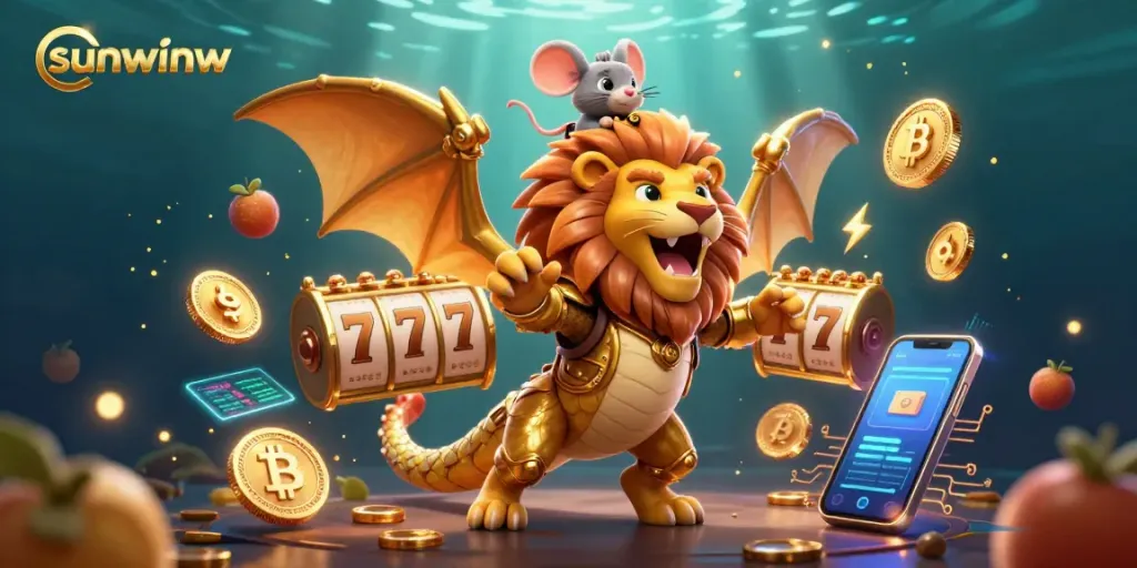 Engage in thrilling gameplay at sunwinw with a vibrant 3D chimera and cryptocurrency elements.