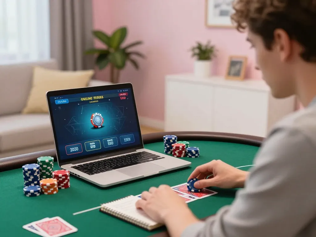 Player engaging in online poker at home, showcasing open88 platform's strategy-driven gameplay.