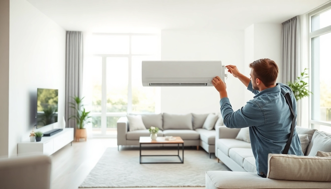 Technician installing a mini split ac unit in a bright modern living room.