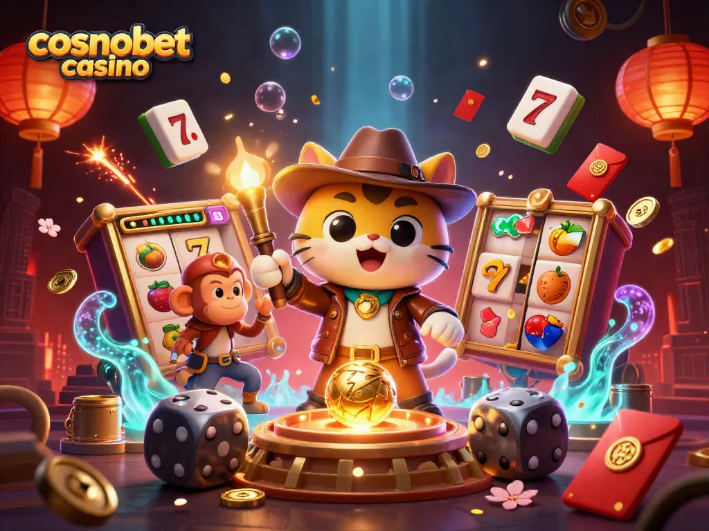 Unveil thrilling action at cosmobet casino with cartoon explorer cat and monkey in a vibrant, jackpot-rich scene.