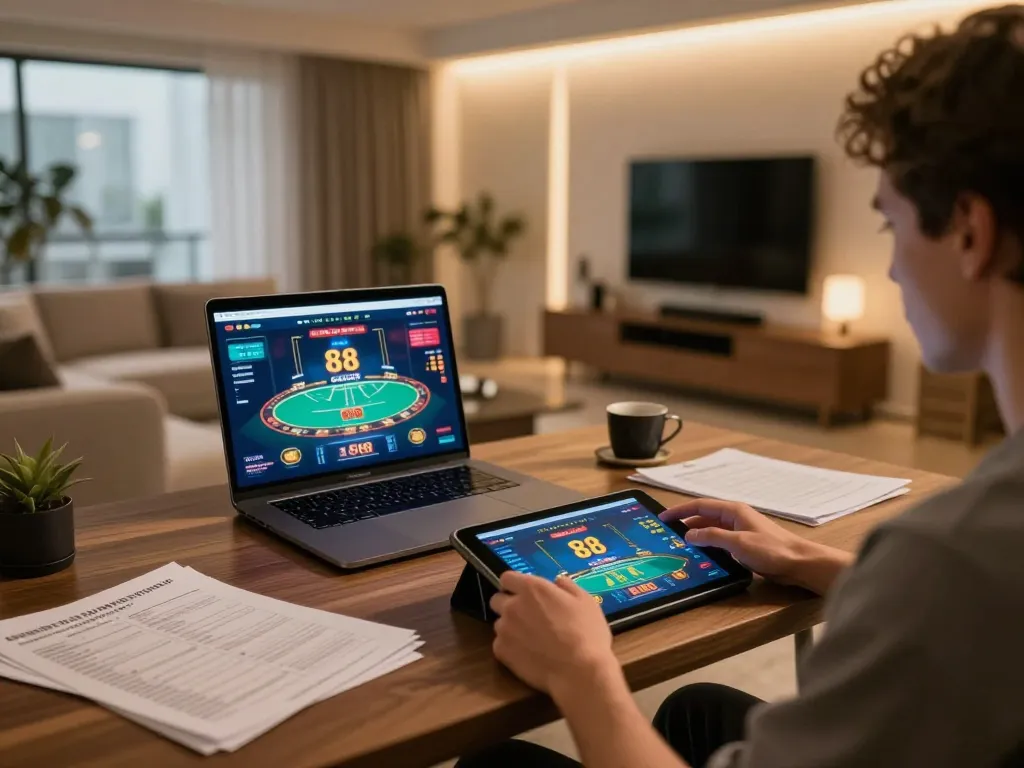 Playing poker on sc88 app via tablet in a stylish home setup, showcasing modern gaming experience.