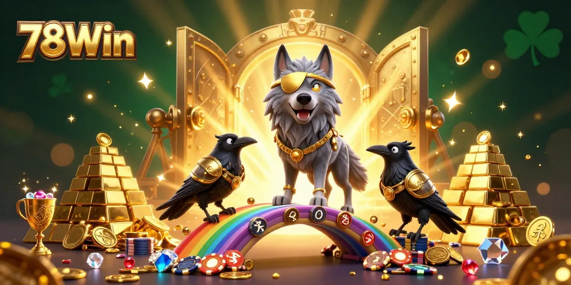 Win big at 78Win with a vibrant 3D casino scene featuring Odin, ravens, and treasures.