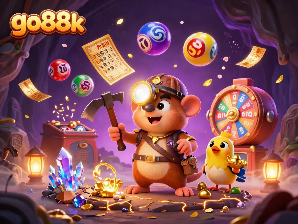 Engage with go88k's vibrant lottery scene featuring a treasure hunter mole, dynamic colorful elements, and golden treasures.