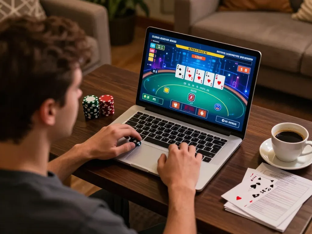Engaging online poker session at home, focusing on the sc88 trang chủ platform with strategy notes visible.