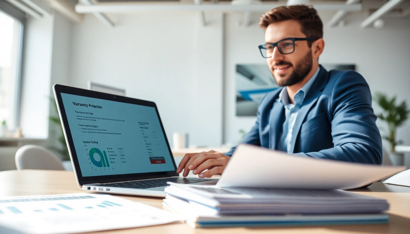 Getting an online quote for warranty protection on a laptop in a modern office setup.